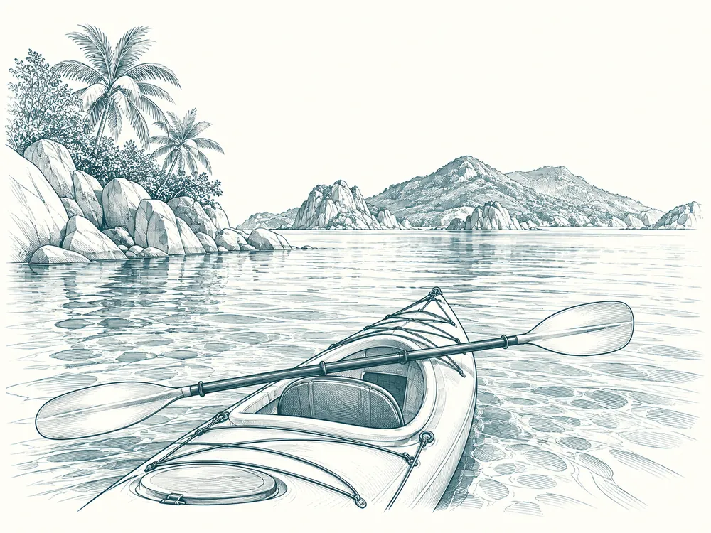 A kayak on clear water off a tropical island