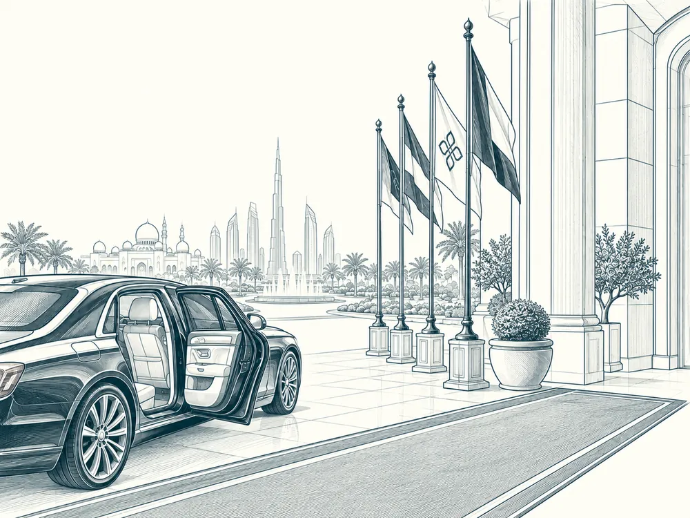 A chauffeured car waiting at a flag-lined official entrance in Dubai