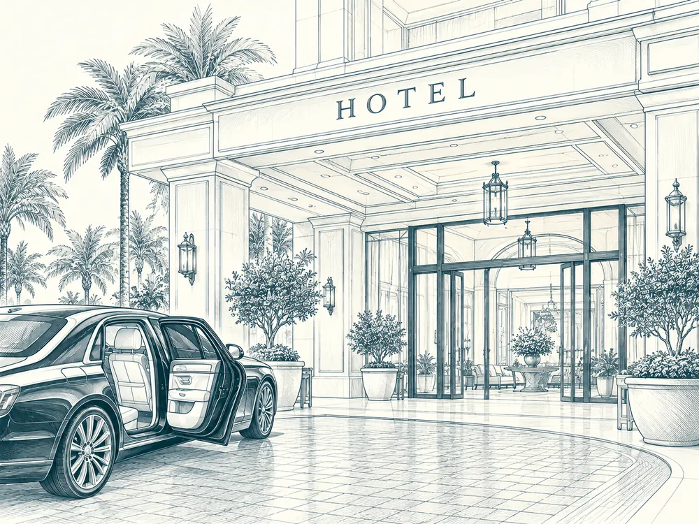 A chauffeured car at a grand hotel entrance