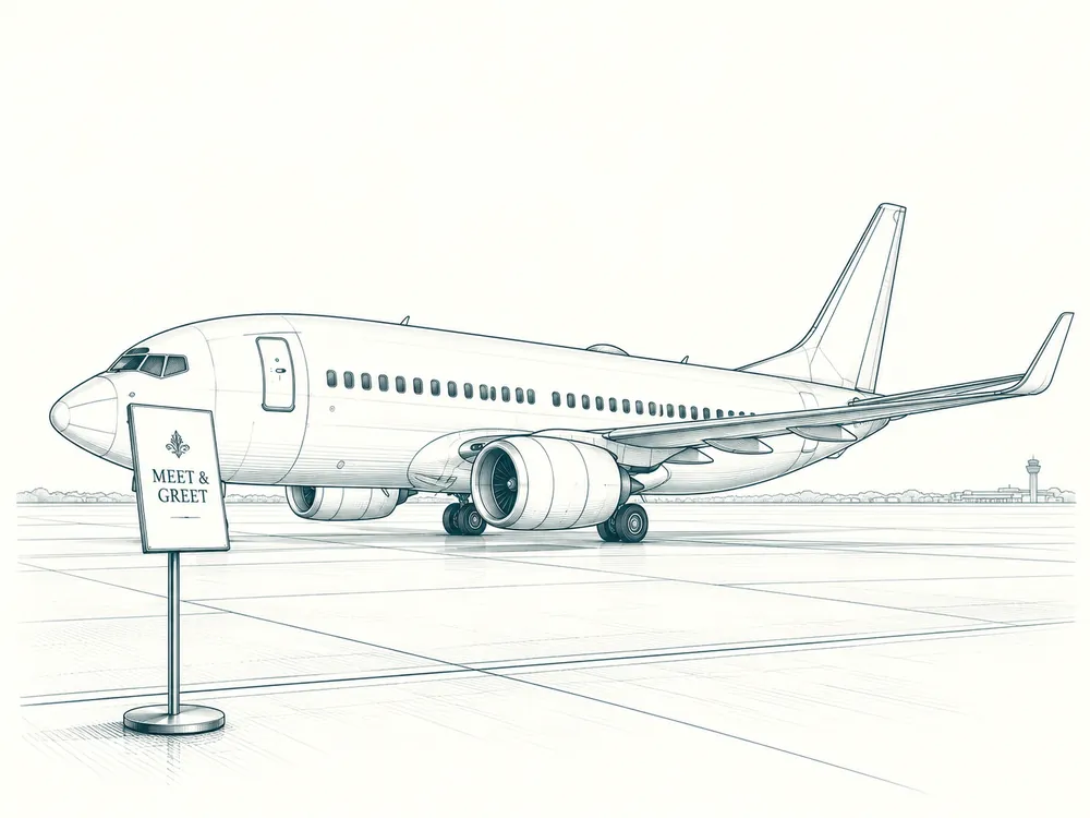 A Meet & Greet sign beside an aircraft on the apron