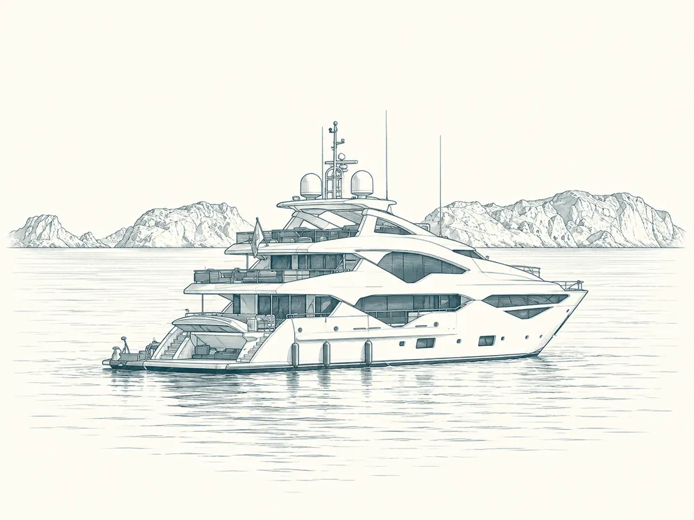 A superyacht at anchor off a rocky coast
